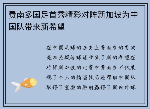 费南多国足首秀精彩对阵新加坡为中国队带来新希望